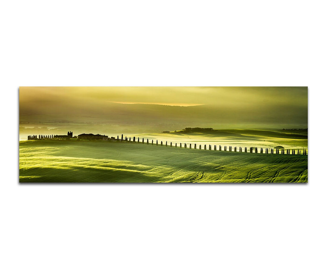 Paul Sinus Art Panoramabild auf Leinwand und Keilrahmen 150x50cm Landschaft Wiesen Dorf Bäume Sonnen
