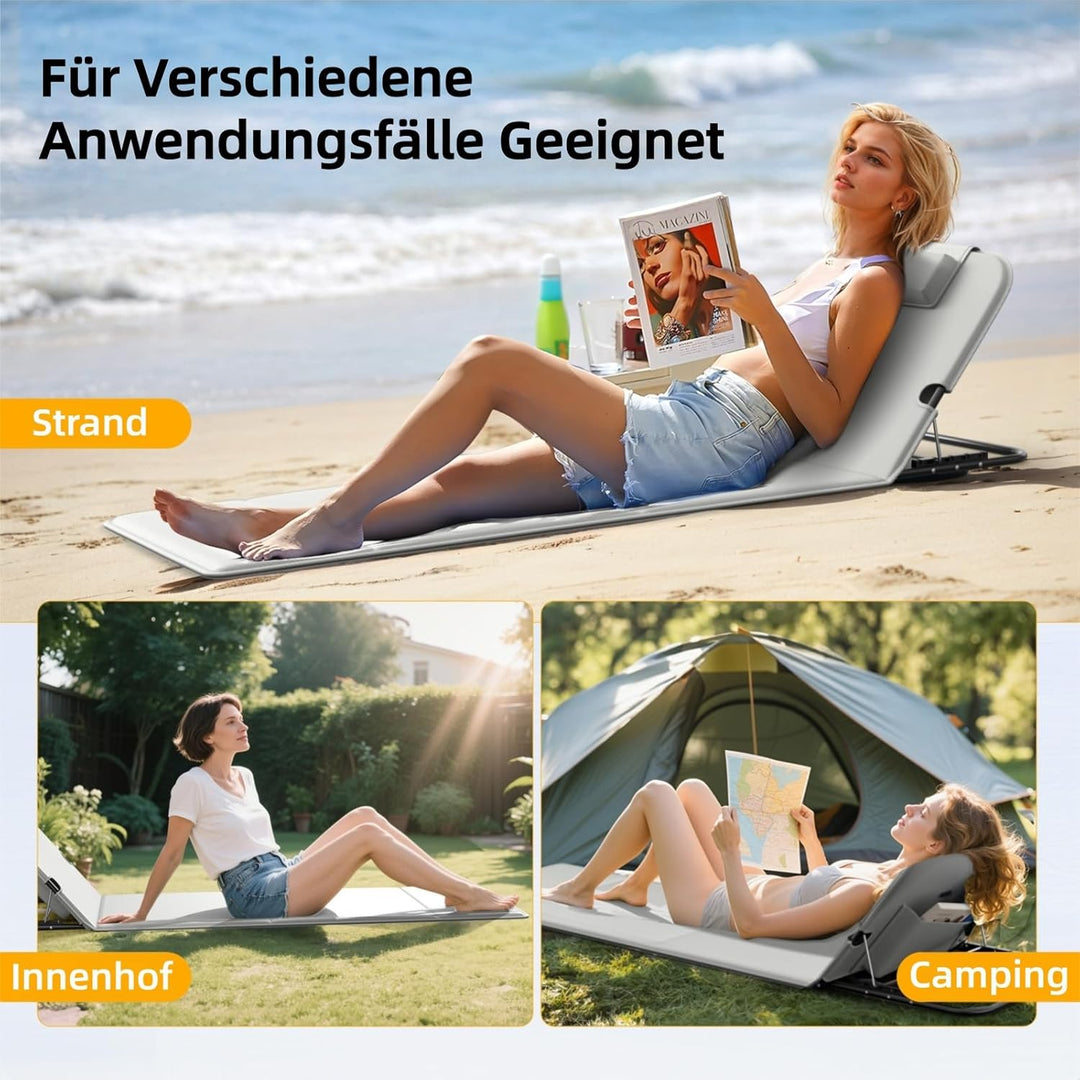 2er Set Strandmatte Klappbar mit Rückenlehne 165cm, 5-Stufige Verstellbarer Strandliege Klappbar Lei