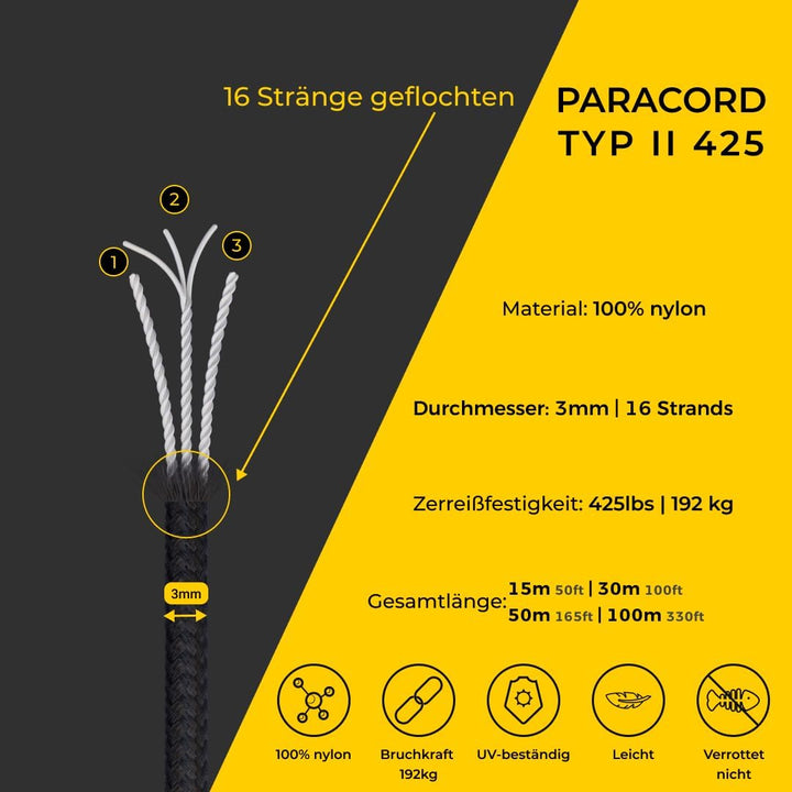 3mm Nylon Paracord 425 (15, 30, 50 und 100m) - Typ II, 100% Nylonseil, 3 Litzen Seil, 3mm Nylonseil