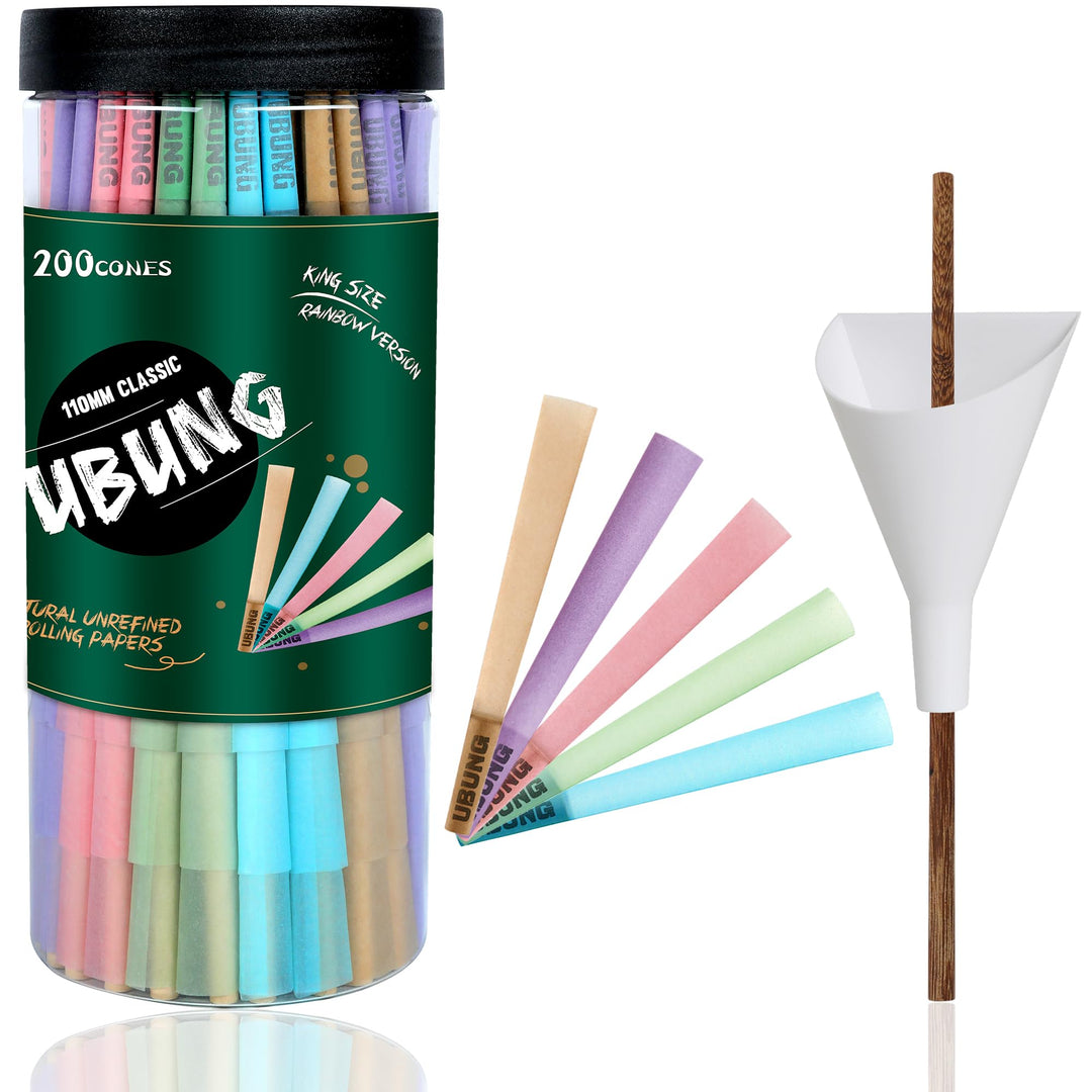 UBUNG Rainbow Cones | 200 King Size Konisch vorgedrehte Hülsen (5 Farben) Einschliesslich 1 Trichte