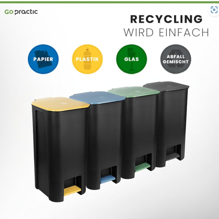 Treteimer Set 4x 40L, Tretmülleimer mit Pedal, Gelb, Grün, Blau, Schwarz Mülleimer, Mülltrennsystem