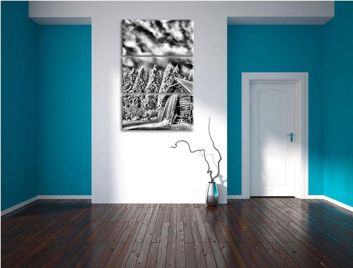 Pixxprint Monocrome, Holzhütte im Schnee 3-Teiler Leinwandbild 120x80 Bild auf Leinwand