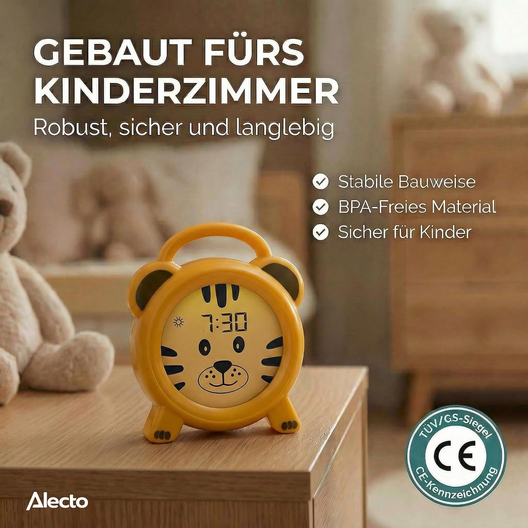 Alecto BC100TIGER - Pädagogischer Wecker Kinder - Schlaftrainer & Nachtlicht Kinder - Lernen von Sch
