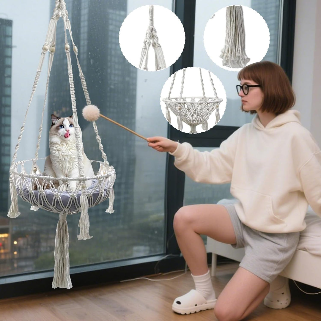Generisch Macrame Katzen Hängematte - Makramee Hängesessel Im Boho Stil - Geflochtener Baumwollnetzk