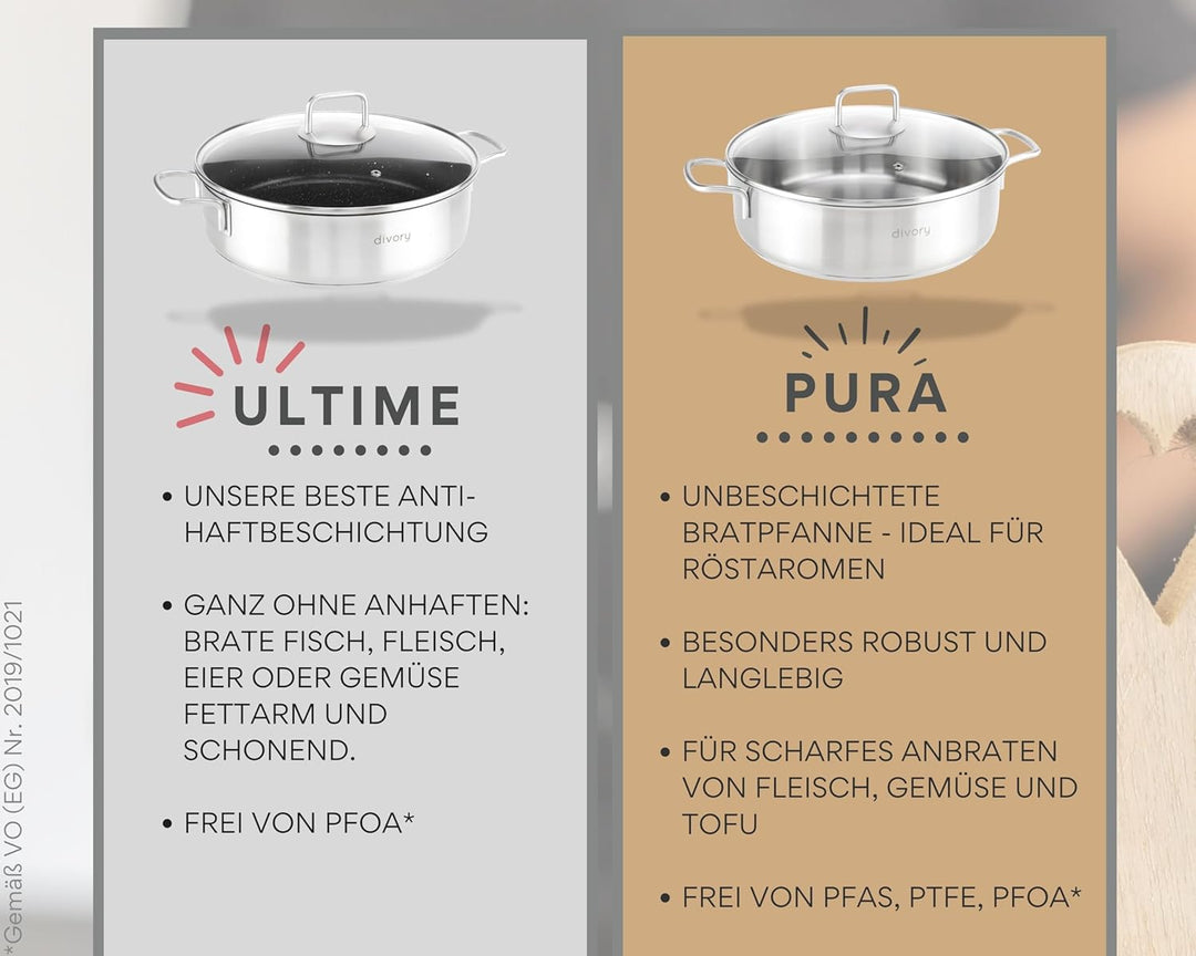 DIVORY Schmorpfanne 28cm Induktion, Servierpfanne mit Deckel 4,6l Edelstahl – beschichteter Kochtopf
