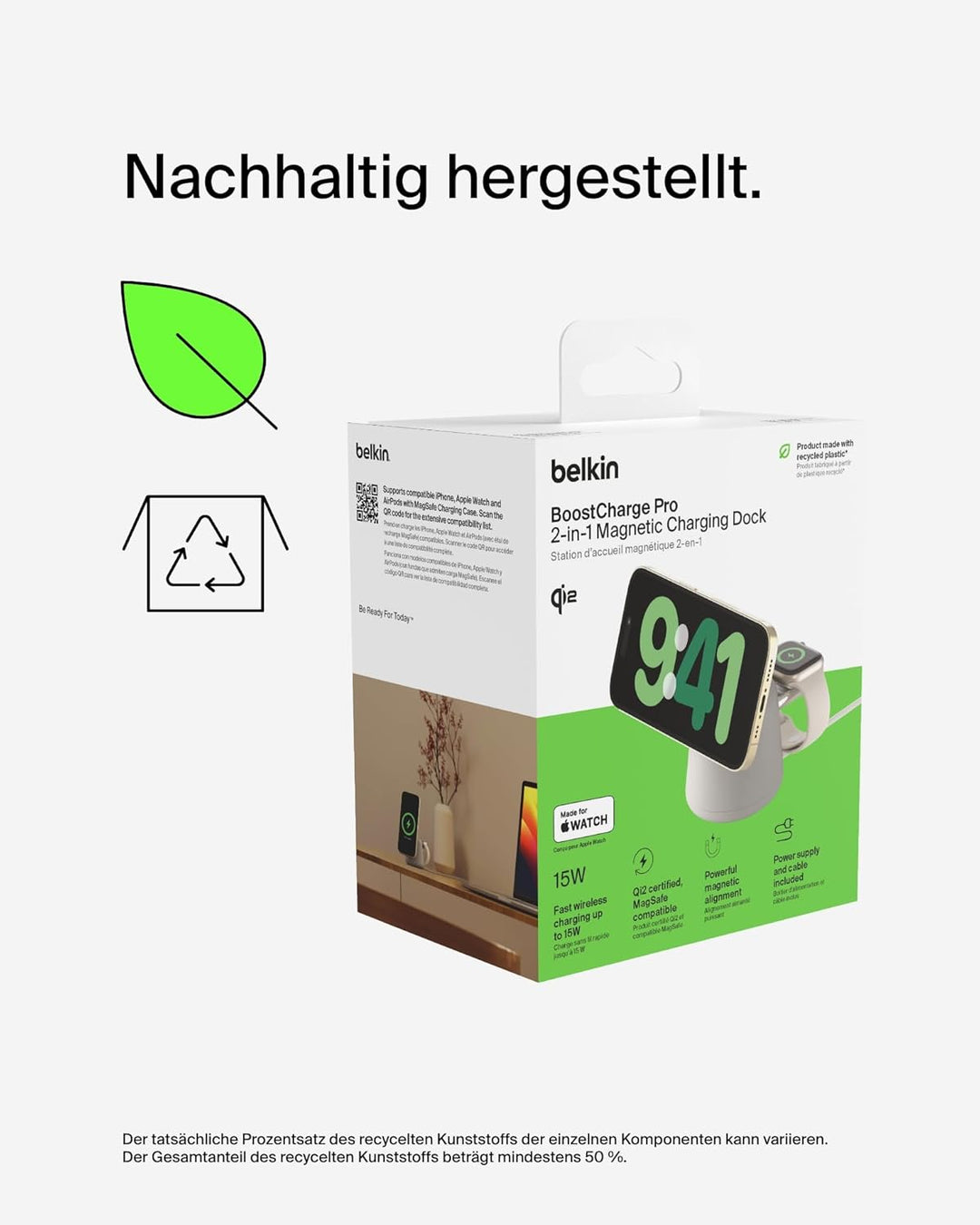 Belkin BoostCharge Pro Kabellose 2-in-1-Ladestation mit Qi2, 15W, MagSafe-Kompatibles Ladegerät für