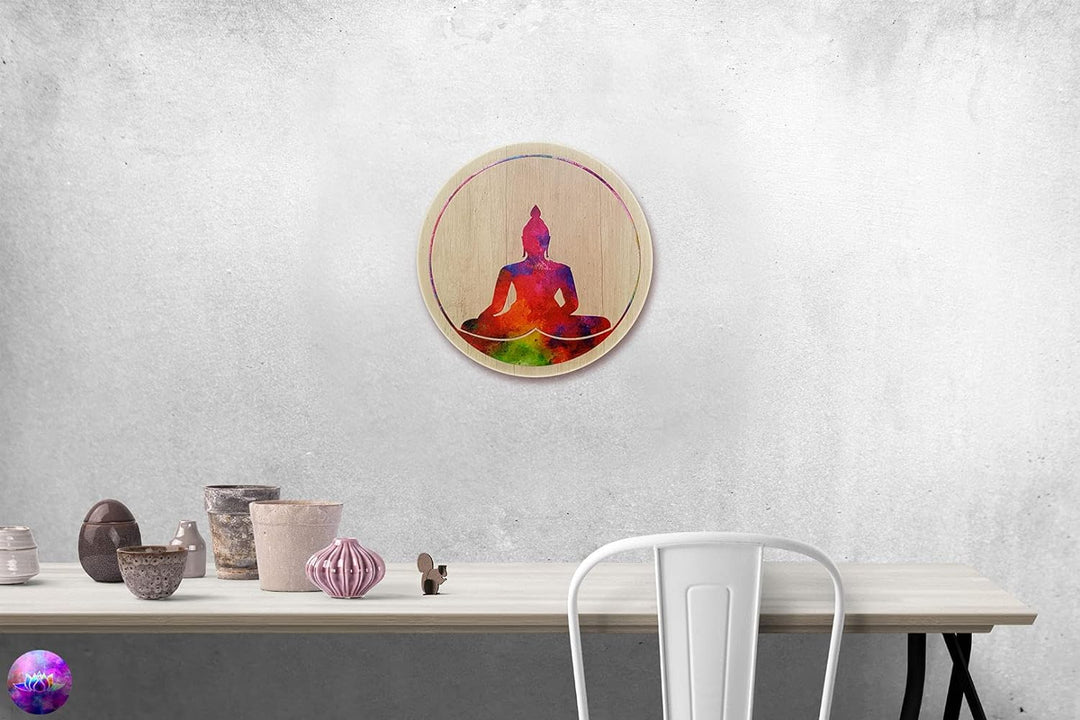 Kunst und Glas Holzbild · Buddha · Ø 40cm · Symbol Lehre Erleuchtung Ruhe Entspannung Meditation auf