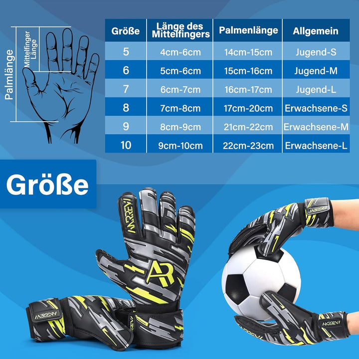 Anrrew Fussball Torwarthandschuhe mit Fingerschutz und doppeltem Handgelenkschutz. Torwarthandschuhe