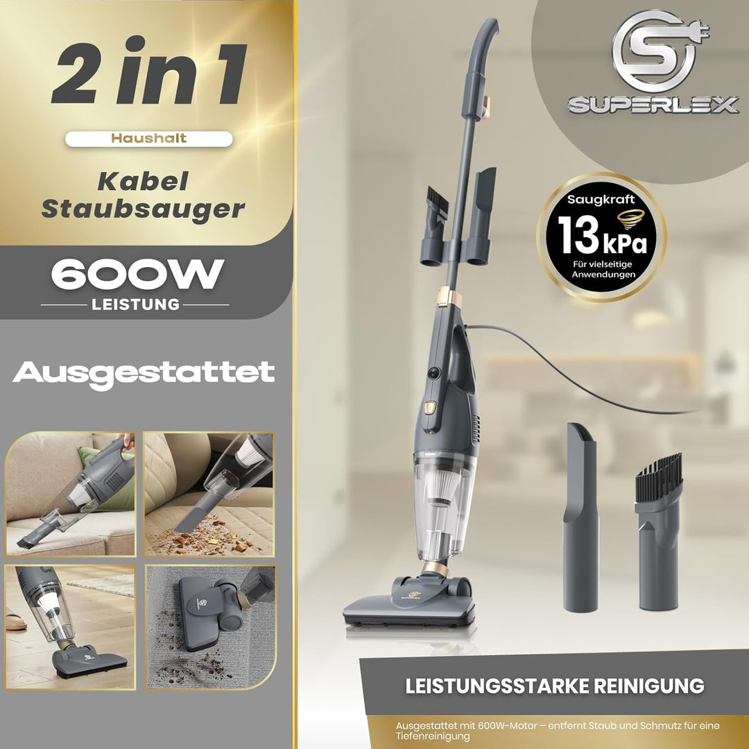Stielstaubsauger mit Kabel 600W 13kPa Starker Staubsauger mit HEPA Filter und 2 in 1 Handstaubsauger