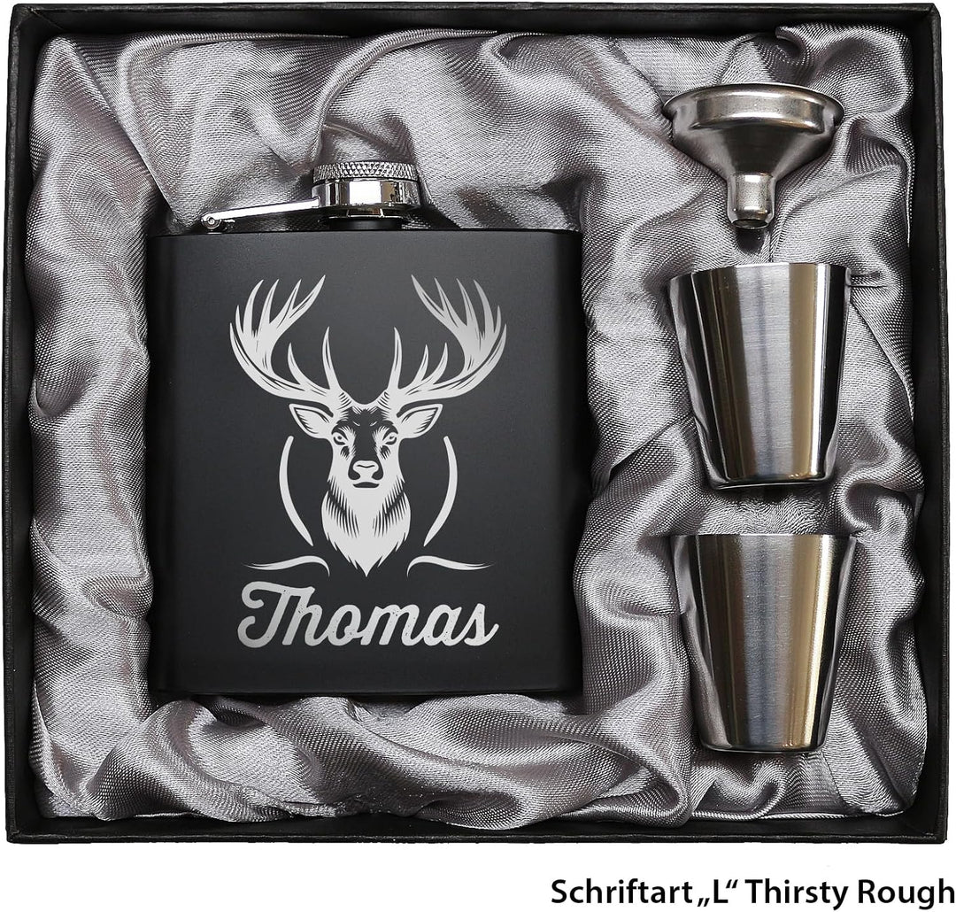 Jäger Geschenk Flachmann Hirsch mit Gravur Flachmann Jäger Geschenkidee Männer Schwarz, Schwarz