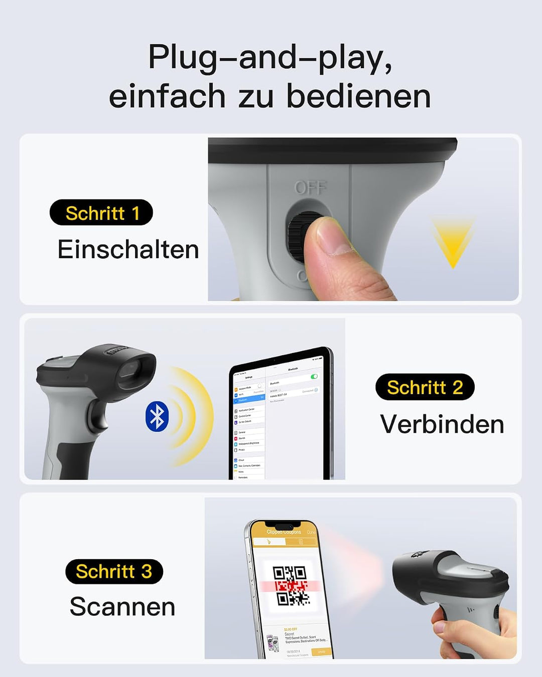 Inateck Barcode Scanner 2D Bluetooth, Kabellose QR Code Scanner, Wireless Handscanner mit AI APP &amp; S