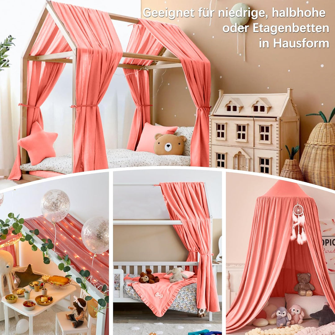 Hausbett Himmel Deko Set, Betthimmel Hausbett aus Musselin - 2 Betthimmel & 1 Wimpelkette, für Junge