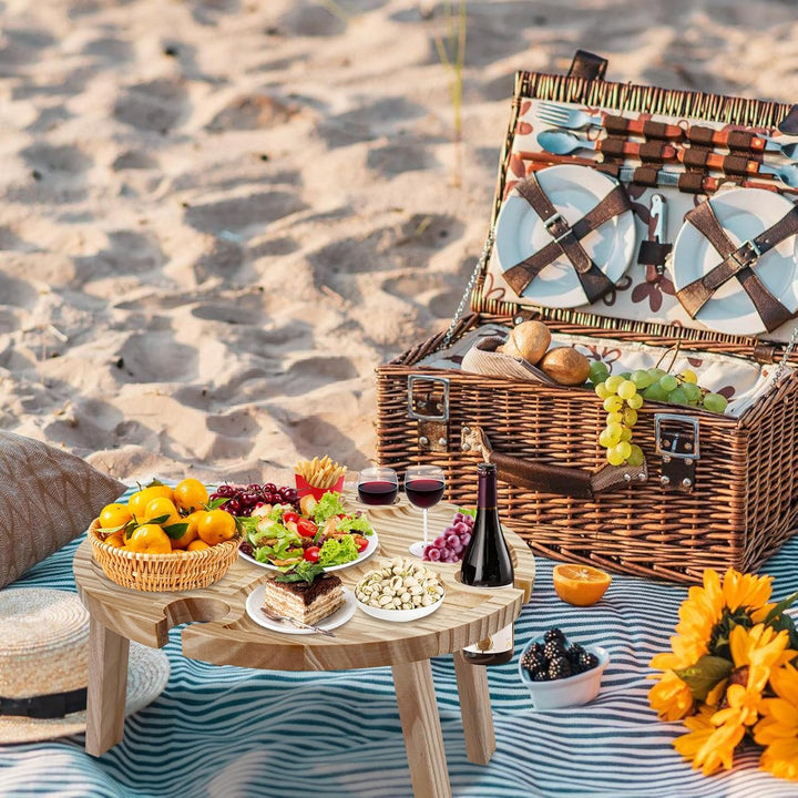 Faltbarer Picknicktisch aus Holz: Tragbarer Picknick Weintisch mit Rotweinglashalter, Rund Holz Gart