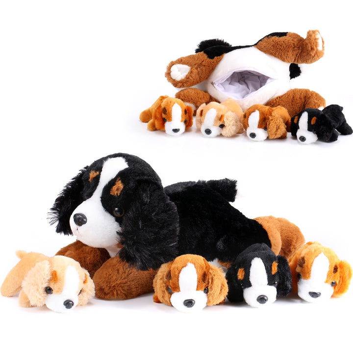 Skylety 5 Stück Welpen Kuscheltiere Mama Hundebauch mit 4 Niedlichen Plüschtier Hunde Spielzeug Kiss