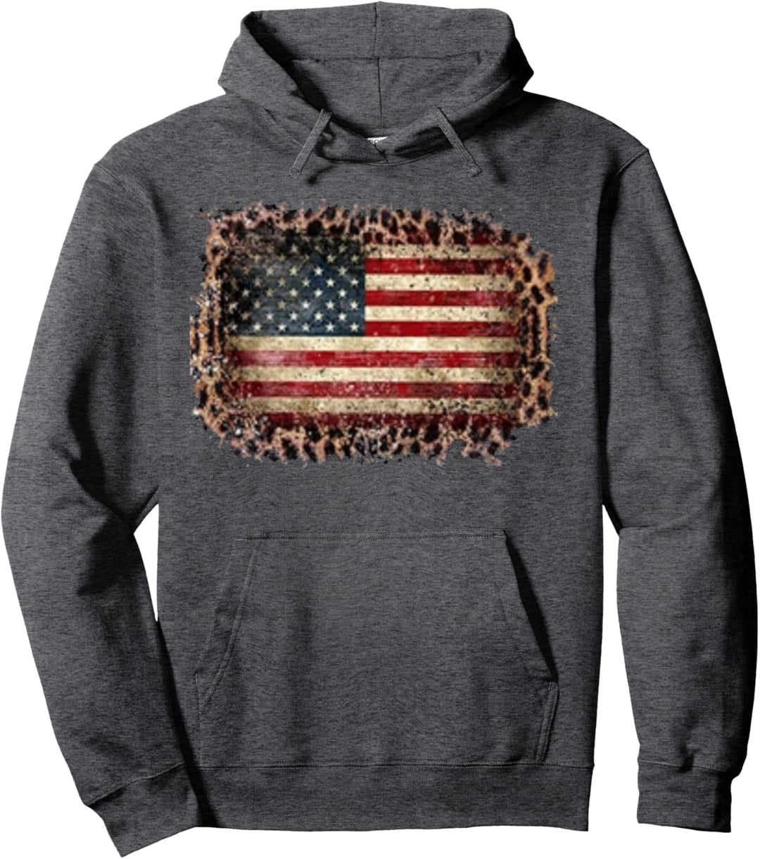 Vintage Old Leopard American Flag 4th of July Patriotic Pullover Hoodie