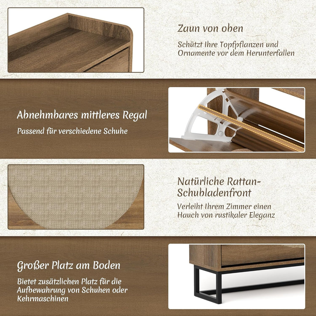 Rattan Schuhschrank Schmal, Schuhregal mit 3 Klappen, Schuhkipper mit Verstellbar, Schuhaufbewahrung
