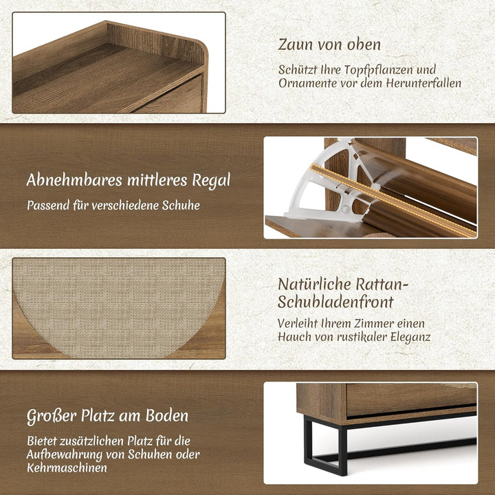 Rattan Schuhschrank Schmal, Schuhregal mit 3 Klappen, Schuhkipper mit Verstellbar, Schuhaufbewahrung