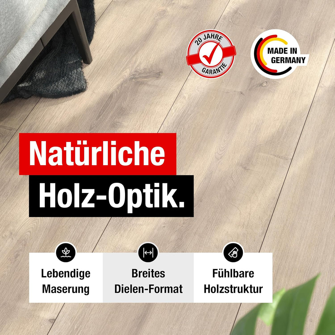 Premium Klick-Laminat-Boden, 2,54 m², inkl. kostenlose Trittschalldämmung & Fussleisten, Stärke 8 mm