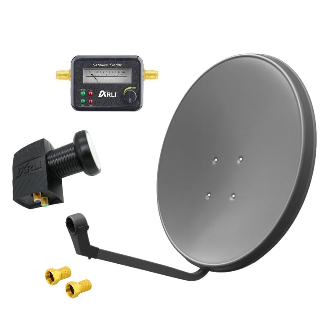 60 cm HD Sat Anlage Twin LNB + Satfinder + 2 F-Stecker Digital 2 Teilnehmer Antenne grau UHD 4K, + S