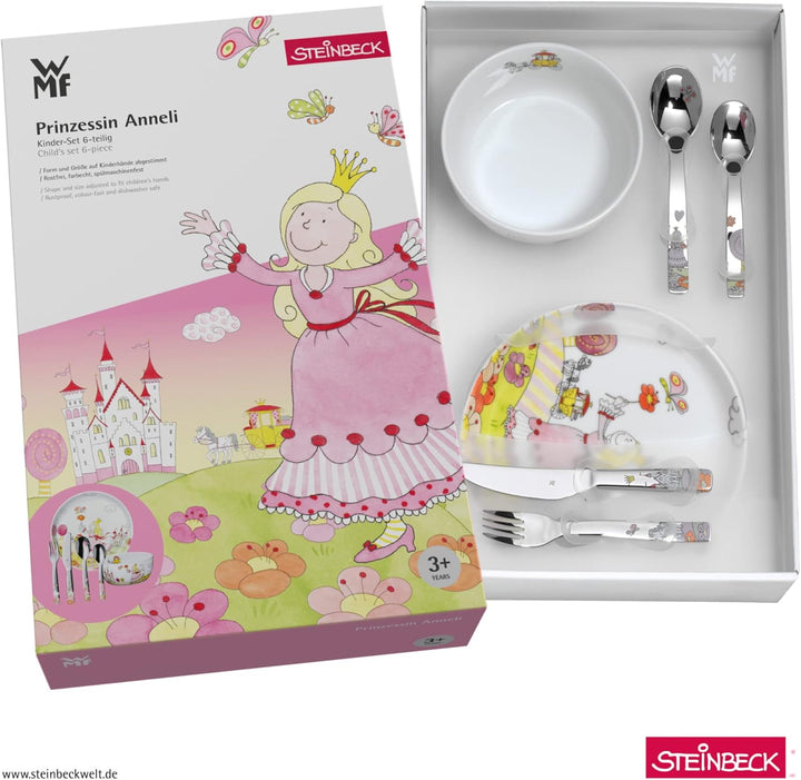 WMF Prinzessin Anneli Kinder Geschirrset 6-teilig, Kindergeschirr Porzellan Mädchen mit Kinderbestec
