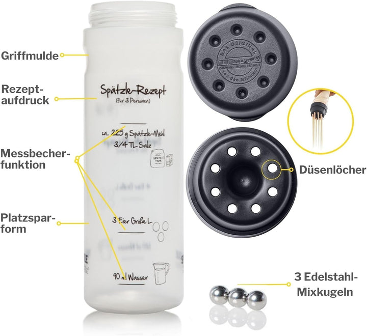 Spätzle-Shaker (ANTHRAZIT für 4 Portionen selbstgemachte Spätzle (875ml) Spätzlepresse und Mixer in