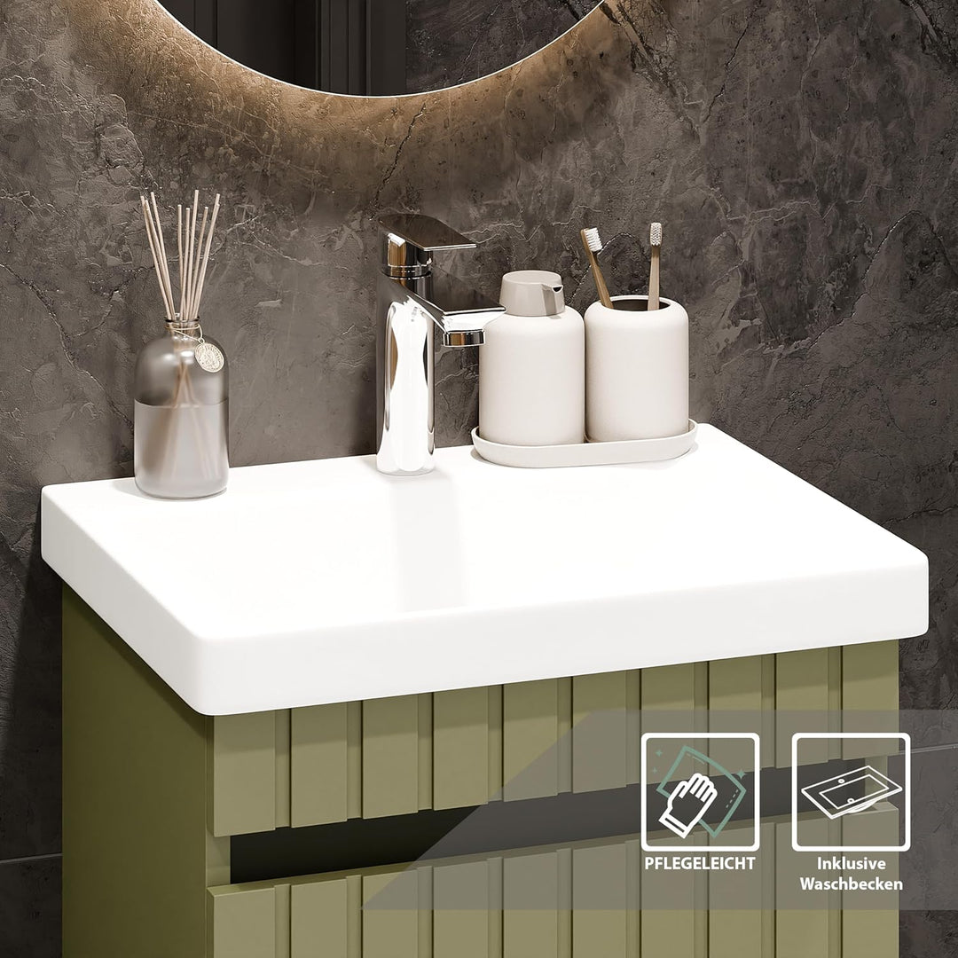 Planetmöbel Cosmia Badmöbel Set Waschbecken mit Unterschrank 50 x 60 x 35 cm Mint Grün, Spiegel mit