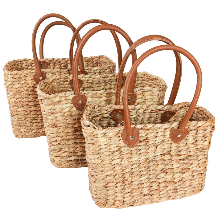 Kobolo Tasche Korbtasche Set aus Wasserhyazinthe - Kunstlederhenkel - eckig 3er Set