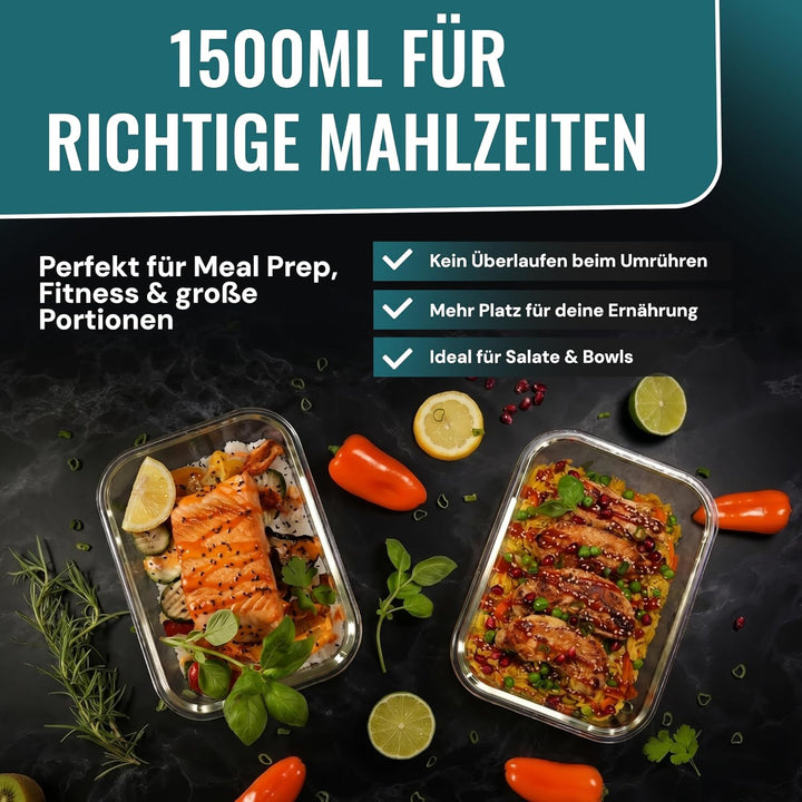RDY® Meal Prep Glas-Boxen Set 5x 1500ml - luftdichte Glasbehälter Mikrowelle, Backofen, Gefrierfach