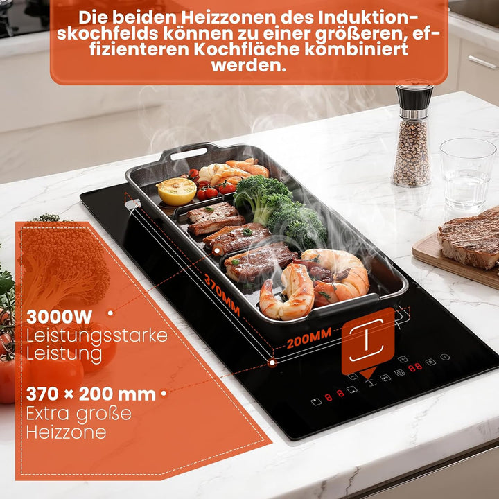 Induktionskochfeld 2 Zonen mit Stecker, Kochfeld 30CM Einbau, Induktionskochplatte Doppel Autark, In