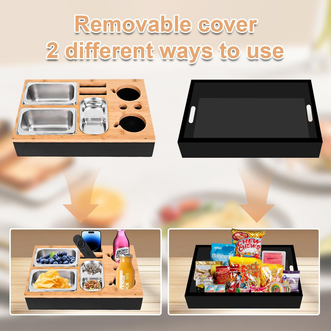 Couchbar Snackbox Schwarz Mit Snackschalen Aus Edelstahl Sofa Tablett Geeignet für Wohnzimmer, Sofa,
