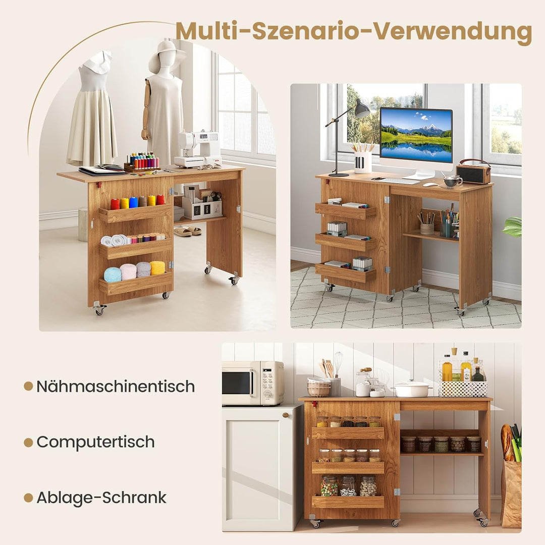 COSTWAY 2 in 1 Nähtisch klappbar, Nähmaschinenschrank aus Holz mit Regalen & Ablagefach, Nähschrank