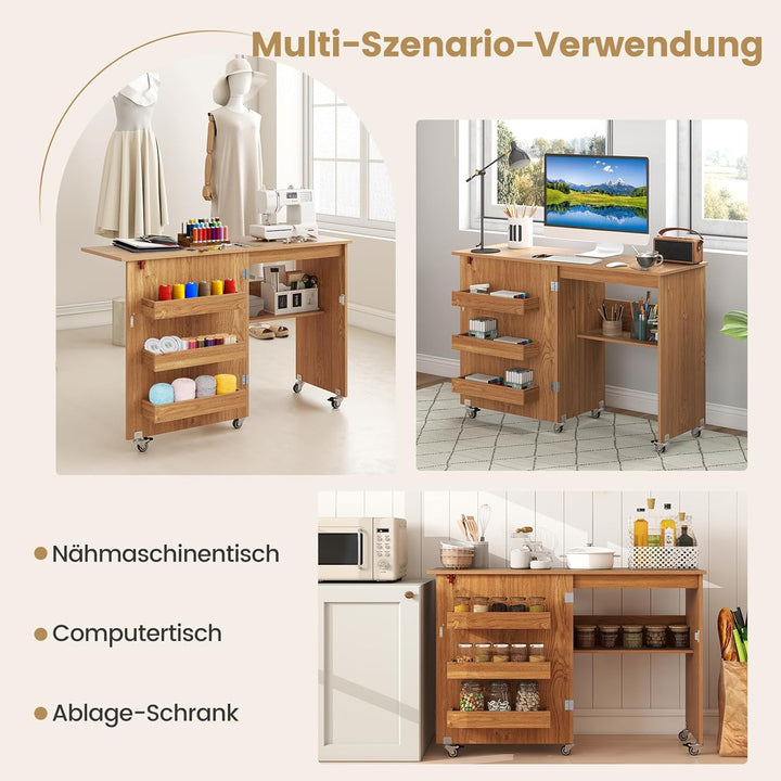 COSTWAY 2 in 1 Nähtisch klappbar, Nähmaschinenschrank aus Holz mit Regalen & Ablagefach, Nähschrank