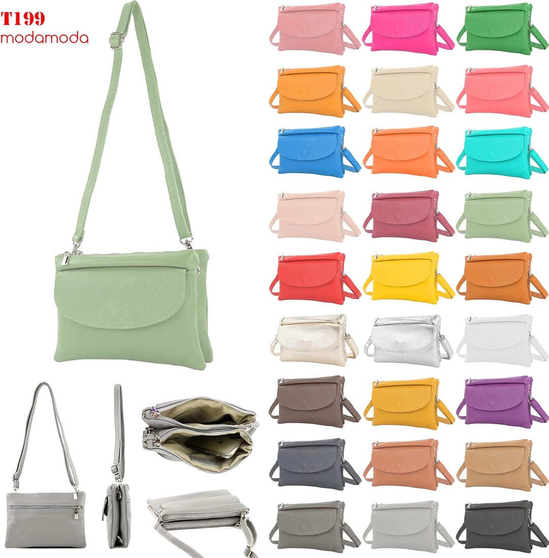 modamoda de - T199 - ital. Umhängetasche Clutch Leder Klein Graugrün, Graugrün