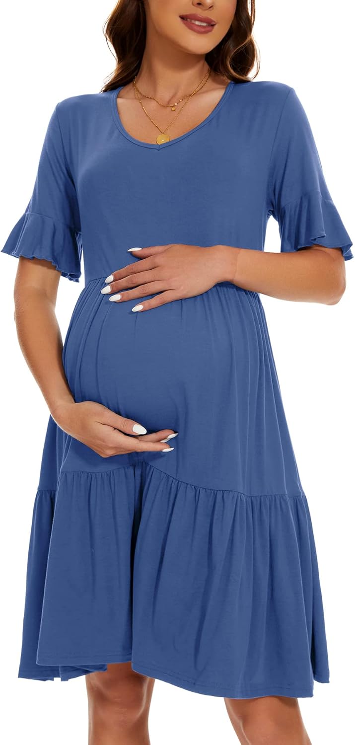 Smallshow Damen Umstandskleid Kurzarm Sommer Schwangerschafts Umstandsmode Kleid M Grau Blau, M Grau