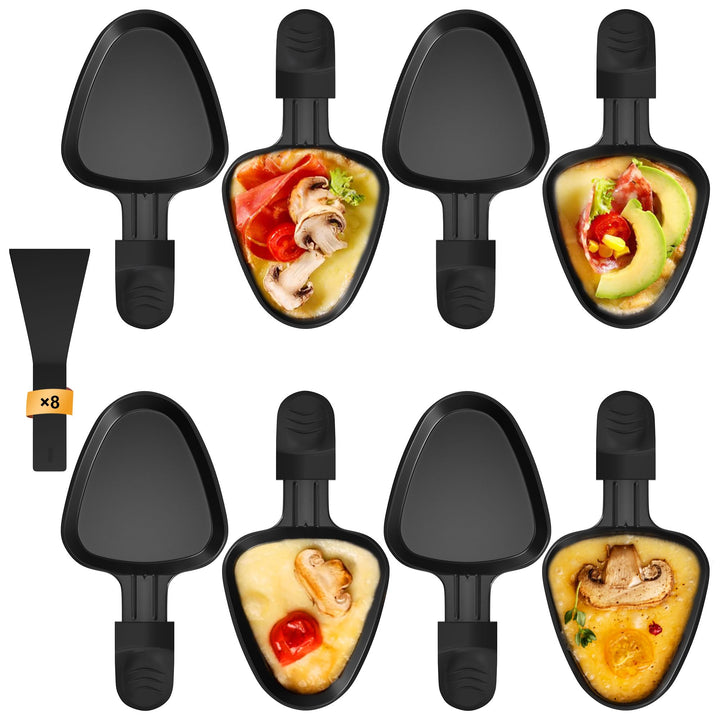 8er Set Raclette Pfännchen antihaftbeschichtet, Mini Grill Pfännchen Ersatz mit 8 Schaber und buntem
