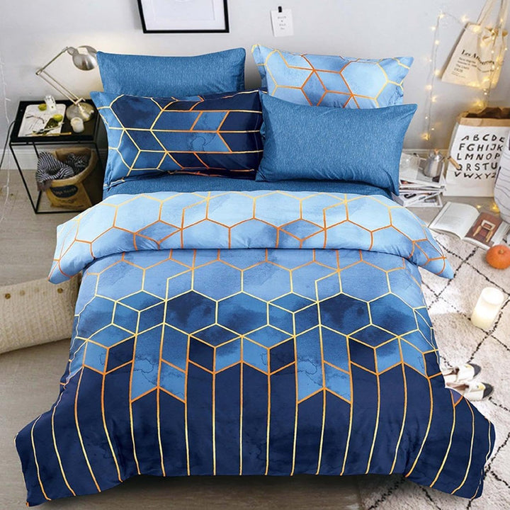 Freyamy Bettwäsche 220x240 cm 3 Teilig Blau Kariert Marmor Wendebettwäsche Geometrische Modern Micro
