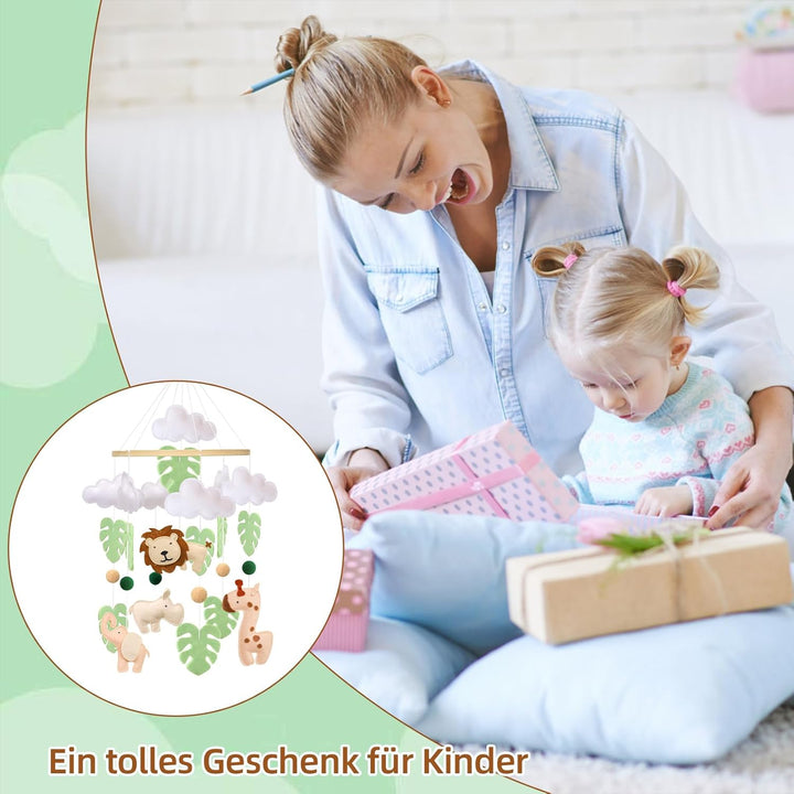 Waldtiere Mobile Baby Windspiele, 3D Löwe, Giraffe, Elefant, Nashorn, Grünes Blatt Mobile Baby Holz
