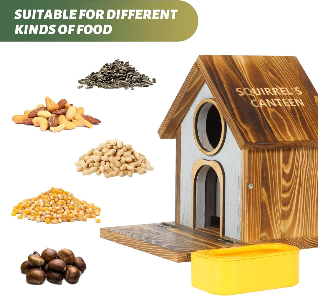 MIXXIDEA Eichhörnchen-Futterstation aus Holz mit Wasserschale, grosse Kapazität, Eichhörnchen-Futter