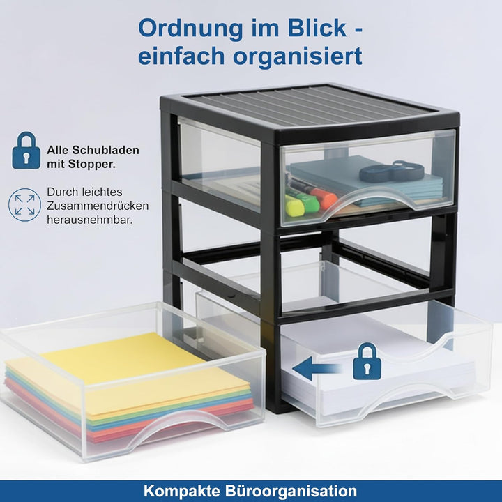 Hausfelder Schubladenbox A4 mit 10 Schubladen, Transparente Kunststoff Schubladenbox für Schreibtisc