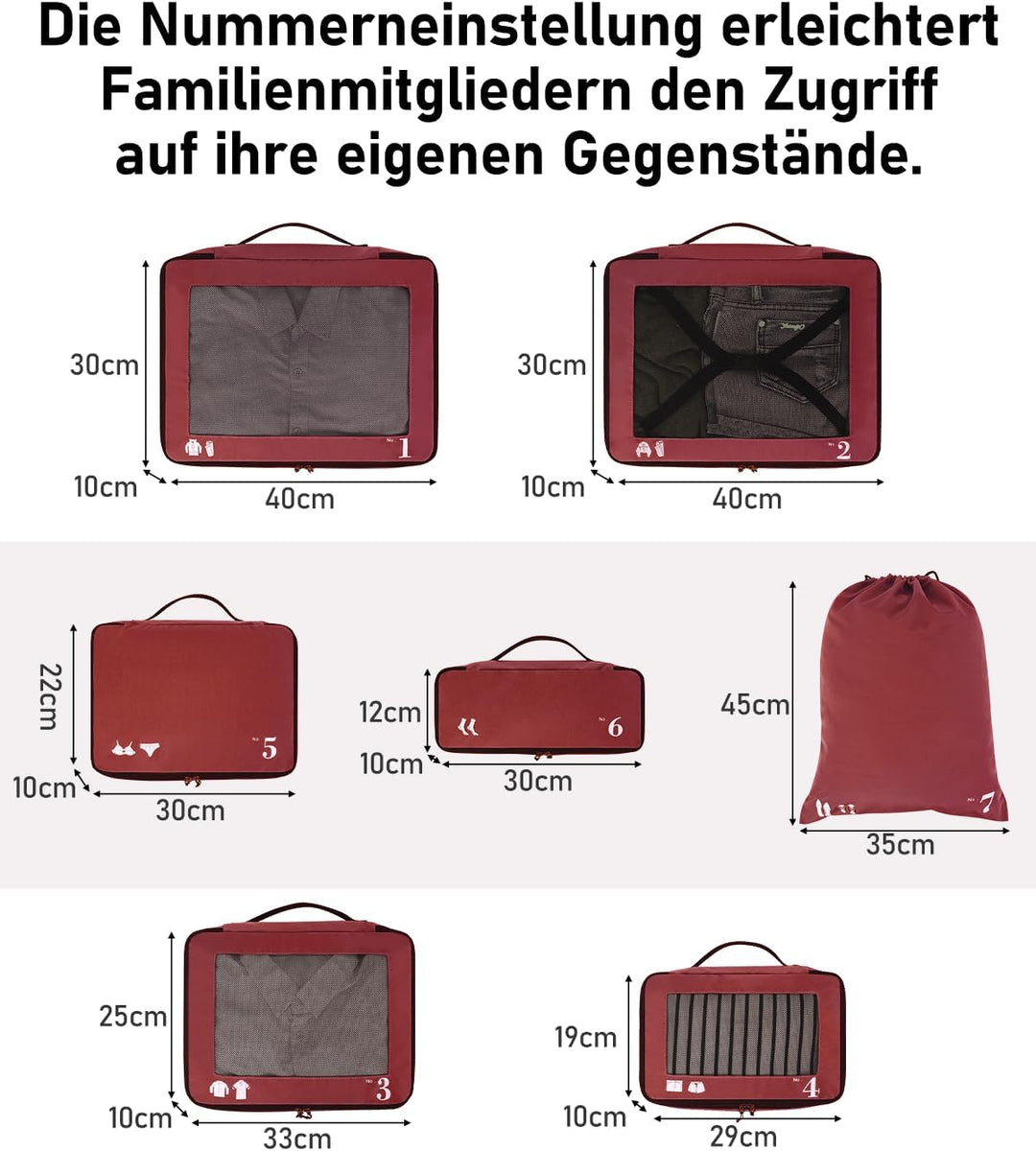 ECOHUB Packwürfel für Koffer, 7 Stück, Reise-Organizer, Verpackungstaschen, recyceltes PET, umweltfr