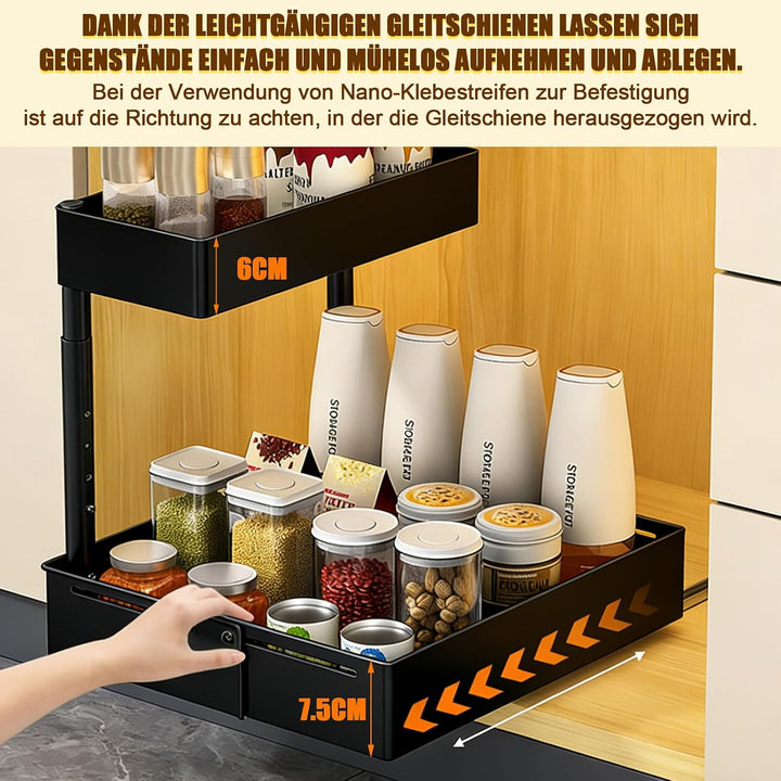 Spülschrank Organizer Ausziehbar – 2 Etagen Unterschrank Organizer Schwarz | Küche Höhenverstellbar